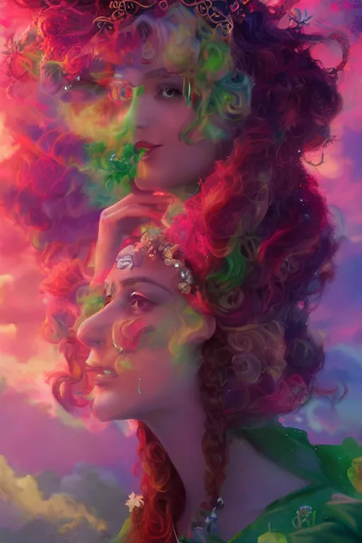 Prompt: a beautiful persian princess in colorful clouds and smoke, green eyes, red dress, long black curly hair, smiling in awe wearing a tiara, face, highly detailed, artstation, concept art, sharp focus, digital art by hana yata, octane render, unreal engine, 8 k