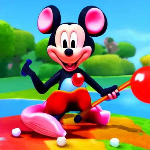 Prompt: mikey mouse with lollipops instead of ears meditating in a 3 d video game screenshot