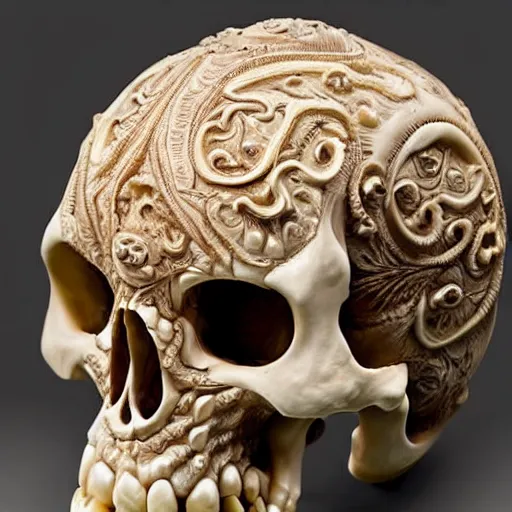 Image similar to an intricately detailed carving in an human - octopus skull, rococo ornate bone and ivory sculpted skull with teeth and tentacles