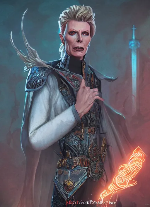 Image similar to A fantasy comic book style portrait painting of David Bowie as a cleric in a stunning fantasy fortress, unreal 5, DAZ, hyperrealistic, octane render, RPG portrait, dynamic lighting