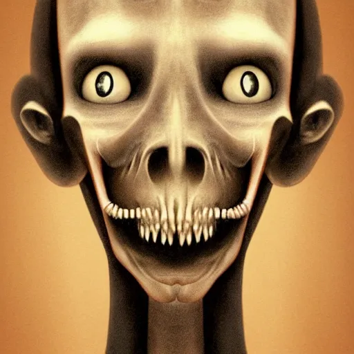 Image similar to humanoid with crooked teeth, two shallow black eyes, long open black mouth, alien looking, big forehead, horrifying, killer, creepy, sepia tint, long open black mouth, dead, looking straight into camera, realistic, slightly red, long neck, boney, monster, tall, skinny, skullish, deathly, in the style of alfred kubin