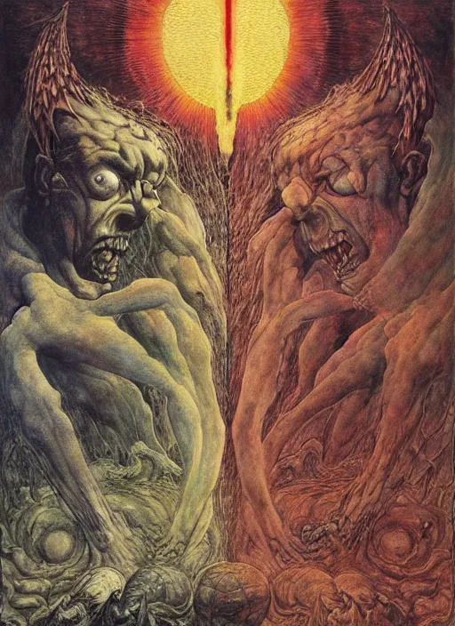 Image similar to eternal battle between good and evil , psx game graphics , painting by Beksinski and Moebius and Takato Yamamoto, by William Blake, Austin Osman Spare, high resolution, ultra detailed