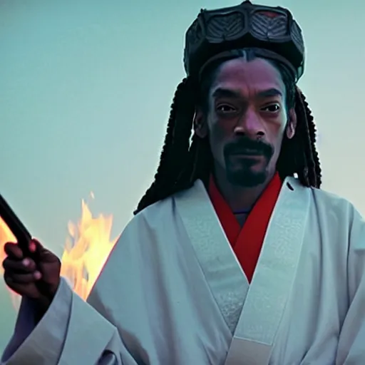 Image similar to cinematic film still of Snoop Dogg starring as a Samurai holding fire, Japanese CGI, VFX, 2022, 40mm lens, shallow depth of field, film photography
