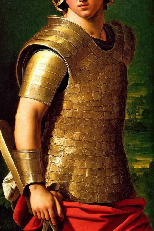 Prompt: renaissance painting of young man in the roman armour wears roman helmet, closeup, face closeup, emotions closeup, dressed in roman armour, the beautiful garden with juniper everywhere, ultra detailed, art by guido reni style, vincenzo catena style