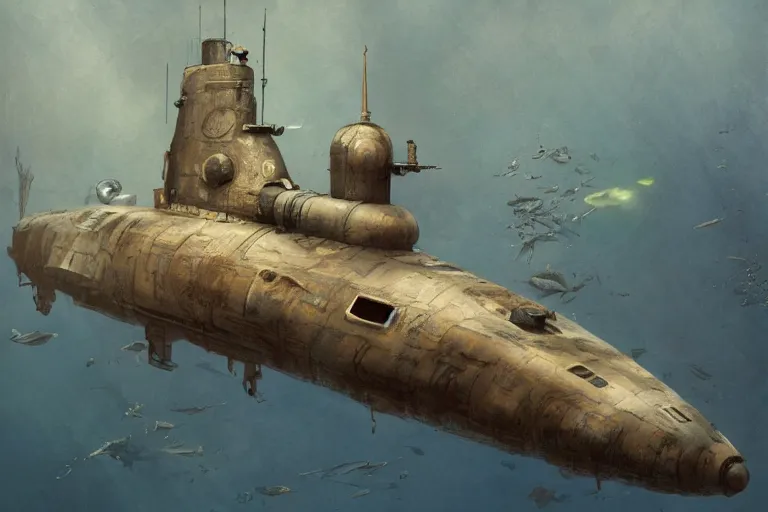 Prompt: mixed media artwork of a submarine underwater by Shaun Tan and Craig Mullins, intricately deteailed, trending on artstation