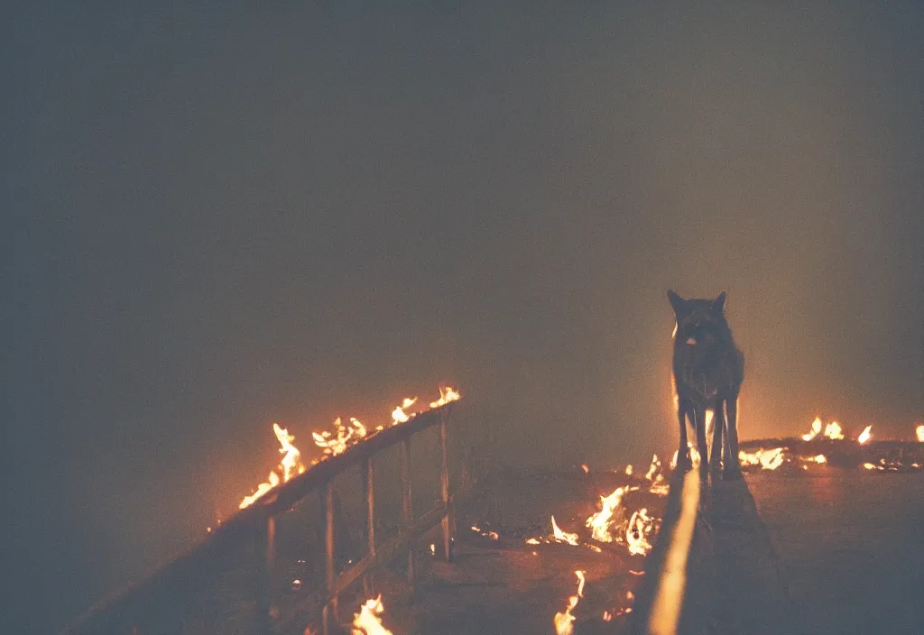 Prompt: lomo photo of a wolf standing on a burning bridge, cinestill, bokeh, out of focus, embers, dramatic lighting, night, dark, detailed, grainy, fog