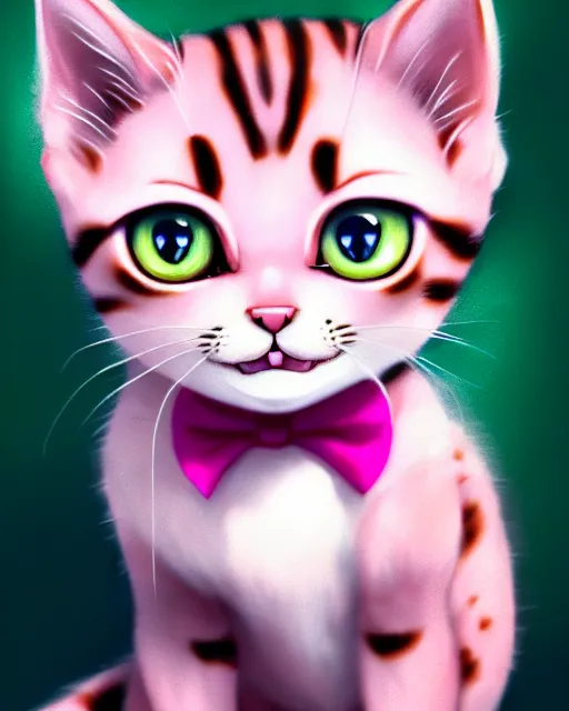 Image similar to hyper - realistic portrait of a very cute kitten, pink bow, big eyes, looking into the camera, gta v cover art, celshading, sharp focus, intricate, detailed, rhads, andreas rocha, makoto shinkai, lois van baarle, ilya kuvshinov, greg rutkowski, dynamic lighting, grunge aesthetic, 4 k