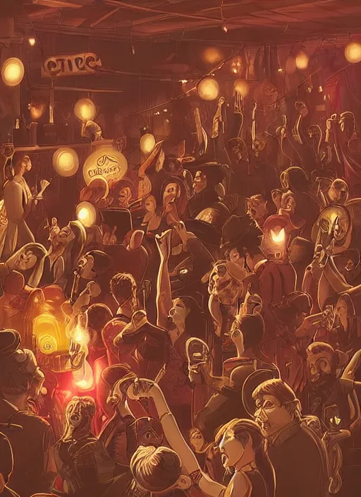 Prompt: “Close-up of party with lots of people dancing happily with bottles in their hands in steampunk styled disco. Spotlights and smoke. Artstation. Dark, highly detailed. In style of Mike Savad.”