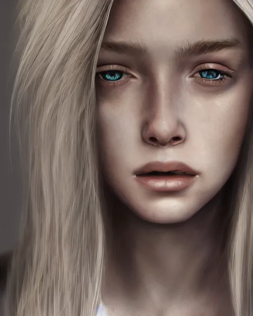 Image similar to portrait of 1 6 - year - old woman with dirty blonde hair down to her waist, pale eyebrows and protuberant silver eyes, wearing white shirt, hyper realistic face, beautiful eyes, character art, art by mark brooks, hyperdetailed, cryengine, trending on artstation, digital art