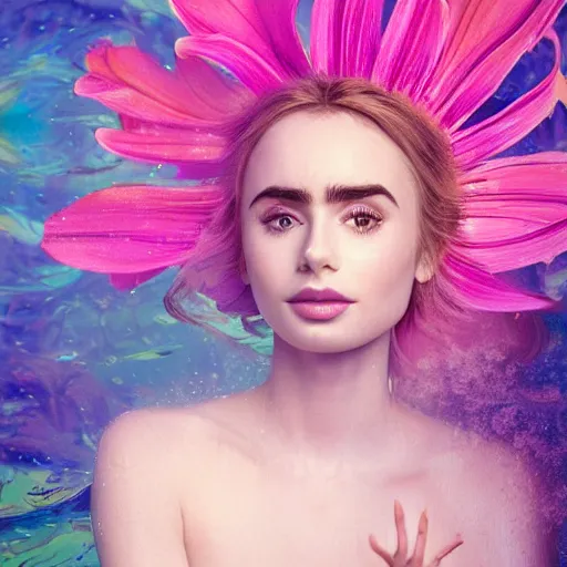 Image similar to portrait of a beautiful blonde girl lily collins, floating under the deep dream water, beautiful smooth soft light + white petal, by personal photography, art by brookskim, closeup, 4 k, highly detailed, instagram,