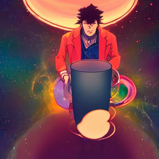 Image similar to A man drinking a cup of cosmic energy, bright light, by Masafumi Harada, 4k, digital art, surreal, anime style, space dandy style, highly detailed, godsend, artstation