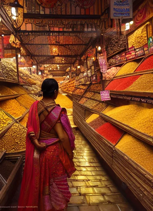 Prompt: an indian woman shopping at a spice market at night, wet, shiny, fantasy, intricate, elegant, hyper detailed, ultra definition, photoreal, artstation, unreal engine rendered, concept art, smooth, sharp focus, illustration, art by artgerm and greg rutkowski and alphonse mucha and garis edelweiss