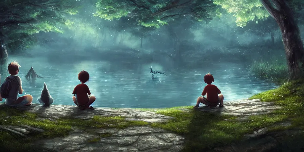 Image similar to a silver dragon and a boy sitting next to lake in forest, many fireflys, at night, concept art, dof, cryengine, digital art, detailed background, makoto shinkai