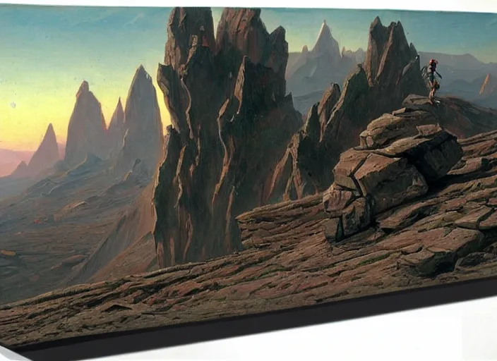 Image similar to an alien in climbing gear climbing a mountain on an alien planet, matte painting, by isaac levitan and asher brown durand,