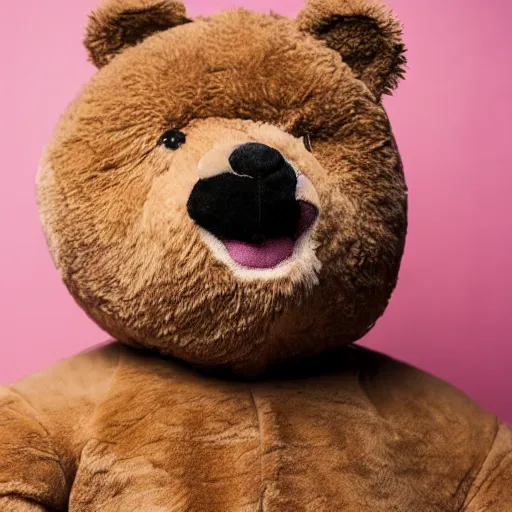 Prompt: the face of kanye west wearing full teddy bear costume at 4 3 years old, portrait by julia cameron, chiaroscuro lighting, shallow depth of field, 8 0 mm, f 1. 8