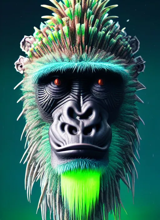 Prompt: 3 d ape shaman profile portrait, sigma 5 0 0 mm f / 5. beautiful intricate highly detailed quetzalcoatl head and feathers. bioluminescent, plasma, lava, ice, water, wind, creature, thunderstorm! artwork by tooth wu and wlop and beeple and greg rutkowski, 8 k trending on artstation,