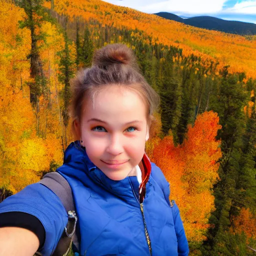 Prompt: a selfie of cute tomboyish girl taken on top of a mountain in Colorado, Aspen trees with Fall Colors in the background