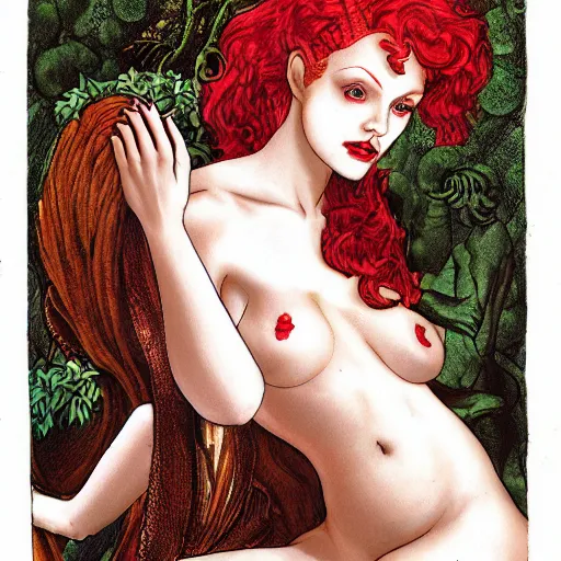 Prompt: lilith the redheaded demoness revealing that she is also eve, garden of desire, pleasure, paradise, cycles, nature, realistic, high definition, incredibly detailed