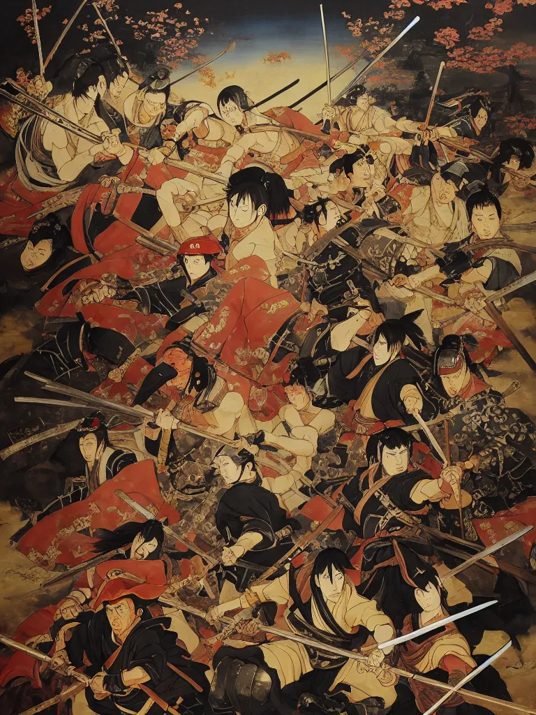 Image similar to baroque oil painting of key visual large scale samurai battle at feudal japanese palace, akira kurosawa, brutalist fantasy, rule of thirds golden ratio, fake detail, trending pixiv fanbox, acrylic palette knife, style of makoto shinkai ghibli takashi takeuchi yoshiyuki sadamoto jamie wyeth james gilleard greg rutkowski chiho aoshima