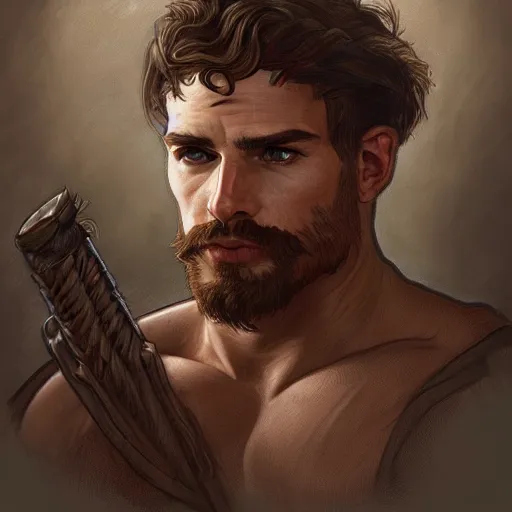 Image similar to portrait of a rugged ranger, muscular, upper body, hairy torso, D&D, fantasy, intricate, elegant, highly detailed, digital painting, artstation, concept art, smooth, sharp focus, illustration, art by alphonse mucha