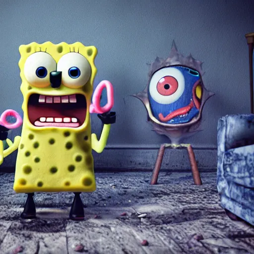 Image similar to demented creepy spongebob staring into your soul with realistic tentacles in the background, scary, rendered in blender, horror, gloomy, dark, terrifying, terror, frightful, super detailed octane render ran in blender optimized,