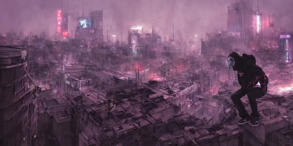 Image similar to cinematic shots of teenagers with tech clothing and hoods and tactical masks doing risky parkour on the rooftops of a dystopian city, neon lights, sci - fi, night lights, rain and haze, concept art, intricate, in the style of katsuhiro otomo, akira, unreal engine