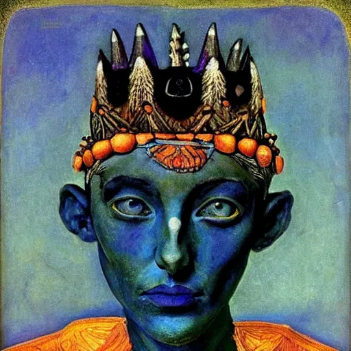 Prompt: the bone crown, the crow crown, by Annie Swynnerton and Nicholas Roerich and Diego Rivera, bioluminescent skin, elaborate costume, geometric ornament, symbolist, cool colors like blue and green and violet, smooth, sharp focus, extremely detailed