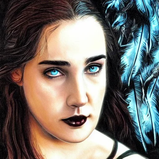 Image similar to young innocent jennifer connelly as innocent gothic beauty with black feathers instead of hair, pale and sickly, goosebumps, eyes closed, mutant, sad, feathers growing out of skin, sitting in opulent wheelchair, romantic, comic book cover, vivid, beautiful, illustration, highly detailed, rough paper, dark, oil painting