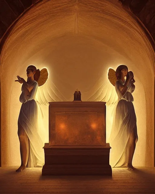 Image similar to inside a tomb, light coming in from the left, 2 angels with wings, 3 women in robes, fibonacci, by artgerm, caravaggio, craig mullins