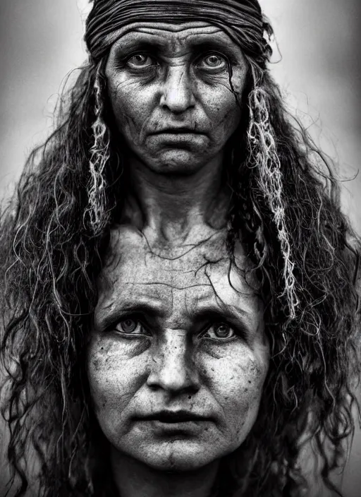 Image similar to Award winning Editorial photo of a female Native Liechtensteiners with incredible hair and beautiful hyper-detailed eyes wearing traditional garb by Lee Jeffries, 85mm ND 5, perfect lighting, gelatin silver process