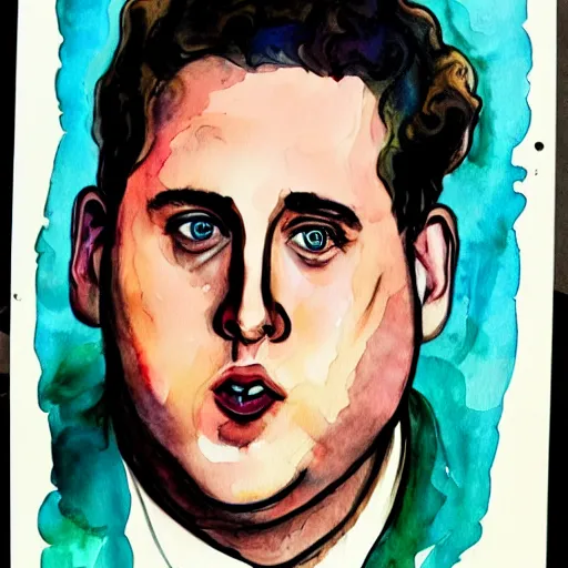 Image similar to jonah hill, stylized. Watercolor and ink. 1960s.
