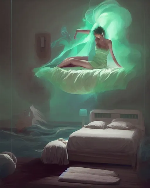 Image similar to a woman floating abover her bed at night, astral projection, green smoke! surreal concept art, lifelike, photorealistic, digital painting, aesthetic, smooth, sharp focus, artstation hd, artgerm and by greg rutkowski, bruce pennington, valentina remenar, rhads, asher duran,