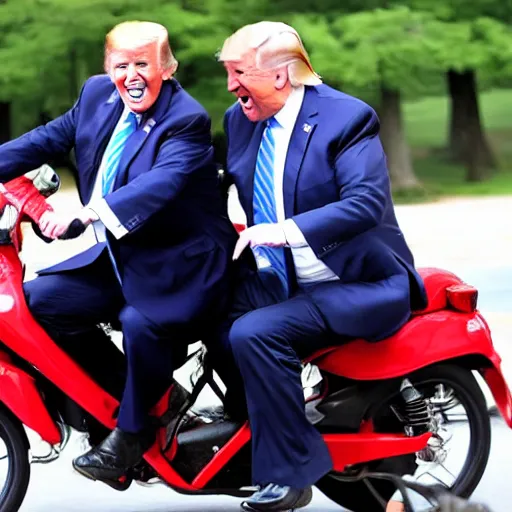 Image similar to joe biden and donald trump drunkenly riding two seater bike together, laughing and joking, photorealistic, detailed