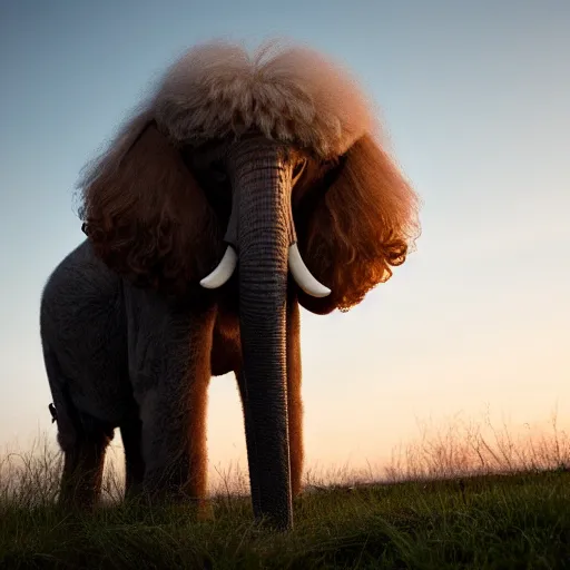 Image similar to cross between a poodle and an african elephant, standing on the affrican savanah, fluffy white curly fur, award winning photography