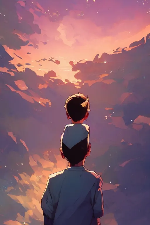 Image similar to a boy looking up into the sky seeing an anxious reflection of himself behance hd artstation by jesper ejsing, by rhads, makoto shinkai and lois van baarle, ilya kuvshinov, ossdraws, that looks like it is from borderlands and by feng zhu and loish and laurie greasley, victo ngai, andreas rocha