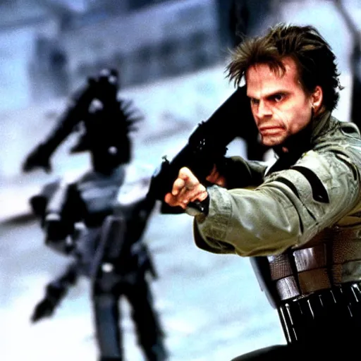 Image similar to michael biehn as solid snake fighting the metal gear mech, 1 9 8 7, movie still