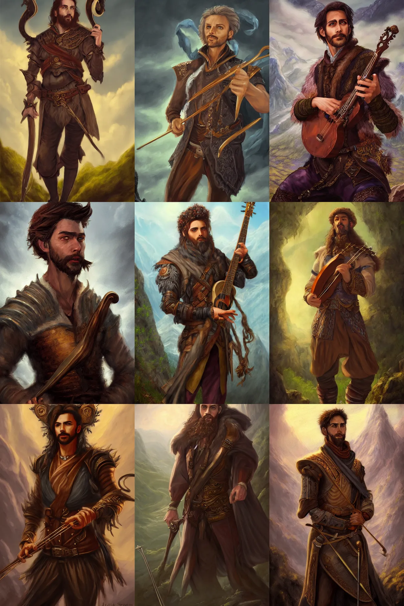 Image similar to a full body high detail fantasy portrait oil painting illustration of a single handsome male bard by justin sweet with face and body clearly visible, in a scenic background, intense eyes, realistic proportions, d & d, rpg, forgotten realms, artstation trending, high quality, sombre mood, artstation trending, muted colours, entire person visible!