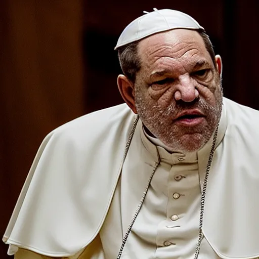 Prompt: Harvey Weinstein dressed in Pope\'s Outfit during a Speech in the Senate on Coruscant