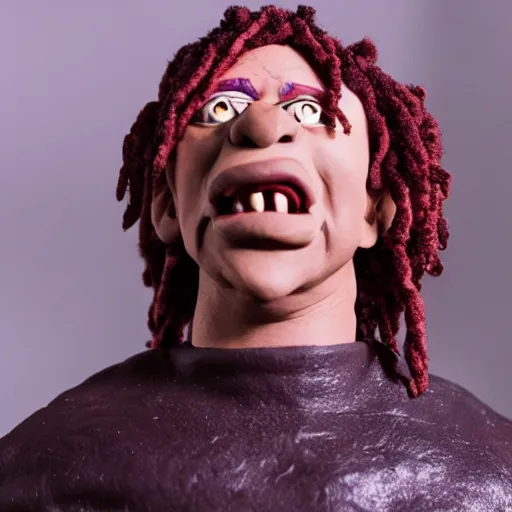 Image similar to a cinematic photograph still of trippie redd made out of clay, in claymation