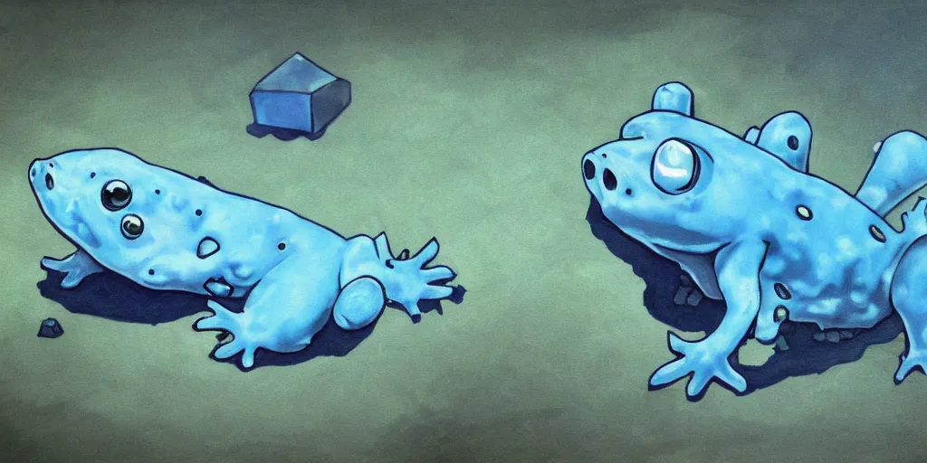 Prompt: Creepy painting of a blue axolotl from minecraft. high detail. realistic. fresh colors.