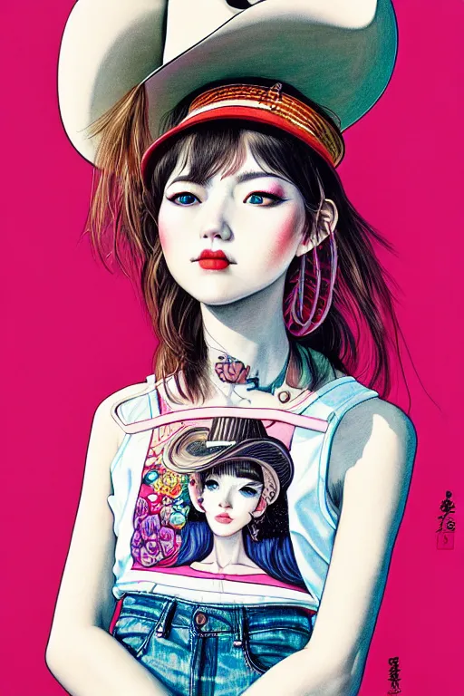 Image similar to girl wearing cowboy hat, style of yoshii chie and hikari shimoda and martine johanna, highly detailed