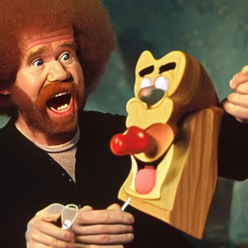 Image similar to bob ross screaming at pinocchio