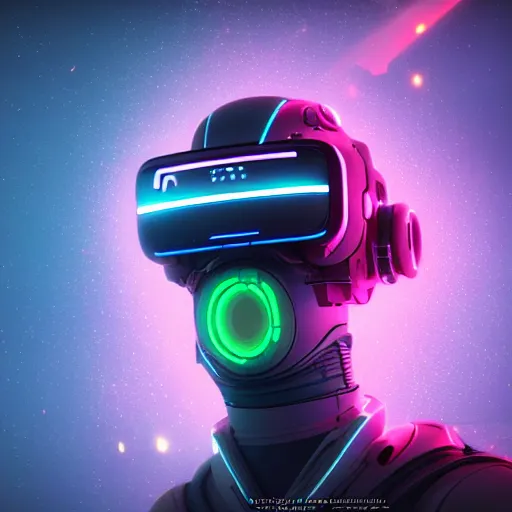 Image similar to cyberpunk concept bot, cinema 4 d, galaxy, ufo, space sci - fi, wearing vr goggles, illustration, portrait, pastel neon textured background night, trending on artstation, greg rutkowski, octane rendered, 1 2 k, detailed,