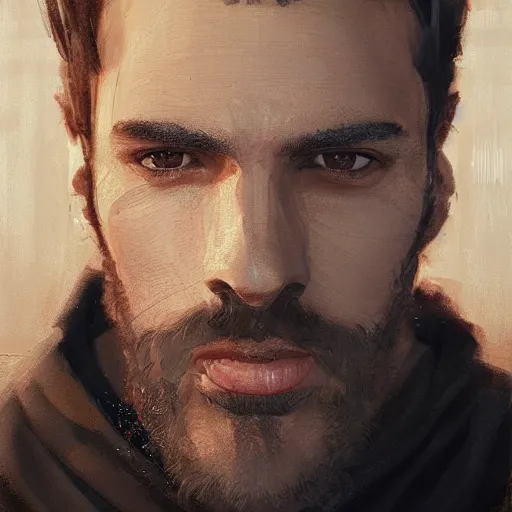 Prompt: An oil painting of a man dressed in priest robes, 30 years old, chad jaw line, short black hair, trimmed beard, sharp facial features, beautiful, highly detailed, by Cédric Peyravernay, trending on artstation