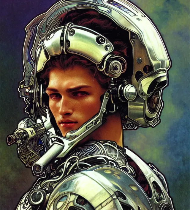 Prompt: realistic detailed face portrait of a handsome futuristic american _ football _ player in alien cyberpunk armor by alphonse mucha, ayami kojima, amano, moebius, greg hildebrandt, and mark brooks, female, feminine, art nouveau, cyberpunk, neo - gothic, gothic, masterpiece artwork, character concept design, bloodbowl player