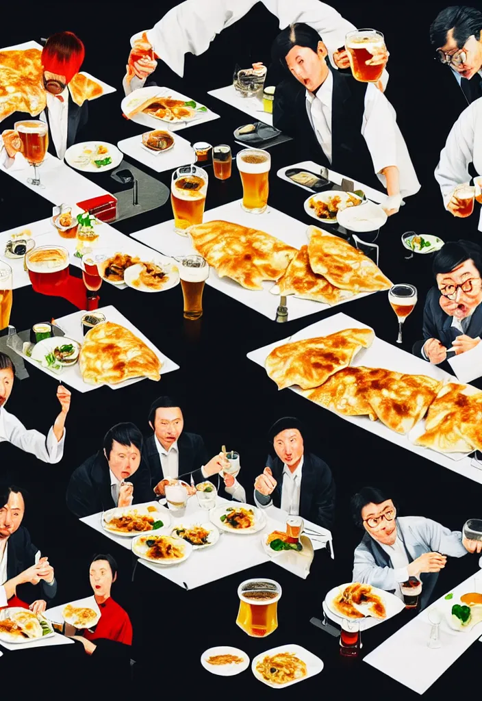 Prompt: businessmen eating gyoza and drinking beer at a nighttime izakaya in shinbashi tokyo, japan, a collage painting, in the style of wes anderson, lola dupre, david hockney, isolated on negative white space background dark monochrome fluorescent neon spraypaint accents volumetric octane render