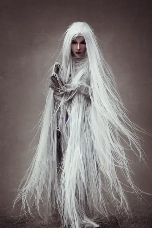 Image similar to beautiful girl with ice white hair wearing long futuristic highly detailed dark cloak designed by yohji yamamoto standing in a shadow of the soft light, mystery, mysterious, soft muted colors, simple shapes, wes anderson, golden ratio, perfect composition, happiness, cannon ef 6 5 mm f / 2. 8