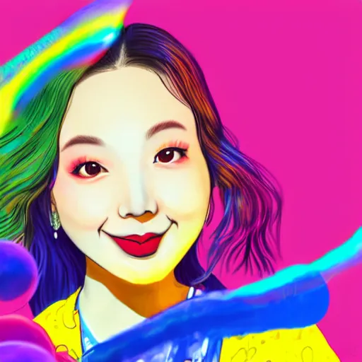 Image similar to an illustration that caricaturizes im nayeon of twice, colorful, bubbles, candy - coated, sugary sweet, yellows and blues