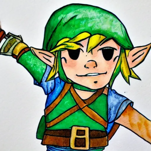 Prompt: a cute link from zelda in the style of pen, ink and watercolor