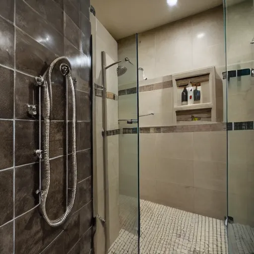 Prompt: photo of a shower in a bathroom with an elephants trunk coming up the train into the shower stall